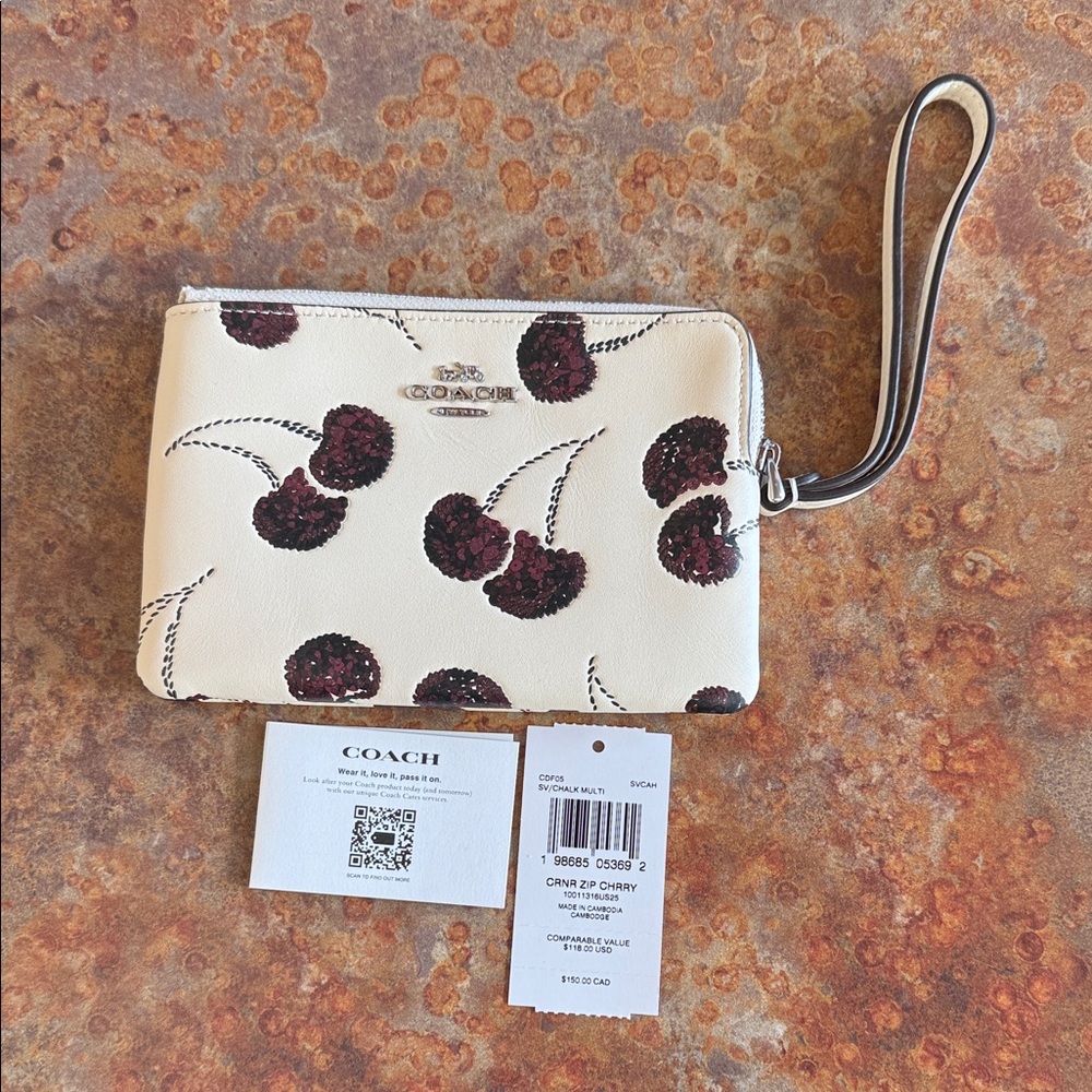 Black Coach Corner Zip Wristlet With Cherry Print - Picture 2 of 3